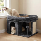 Cat tree, 14 inch cat tower, with large bed and indoor cat, large adult cat apartment, cat house, with scratching post and interactive spring ball, smoked gray
