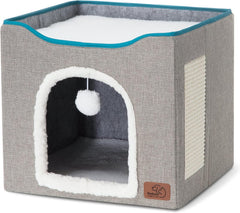 Cat house bed, suitable for indoor cats, equipped with fluffy balls and scratch pads, gray | 16.5x16.5x13 inches