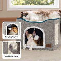 Cat house bed, suitable for indoor cats, equipped with fluffy balls and scratch pads, gray | 16.5x16.5x13 inches