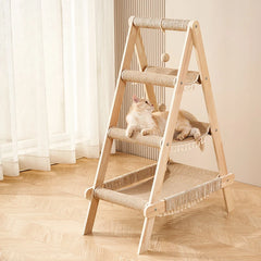 A tree house that can be used in all seasons, with a hammock and scratch column, a large cat tower, and durable cat furniture indoors