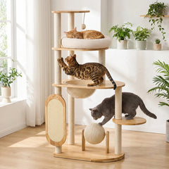 Solid rubber wooden cat climbing frame with grab bar, easy to clean, suitable for multiple large cats