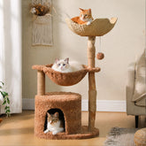 Modern cat tree with large wicker basket and natural solid wood grab rod