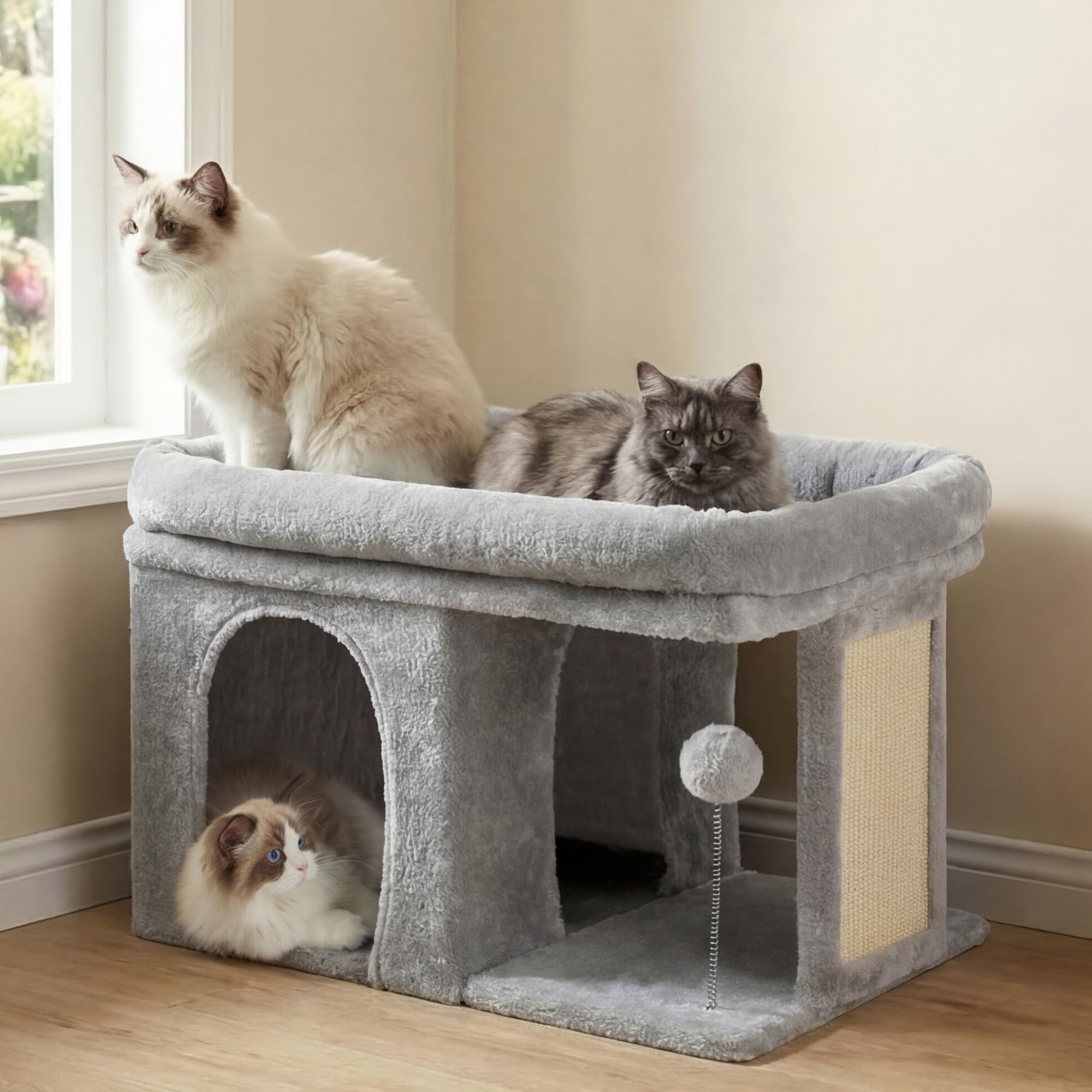 Cat tree, 14 inch cat tower, with large bed and indoor cat, large adult cat apartment, cat house, with scratching post and interactive spring ball, smoked gray