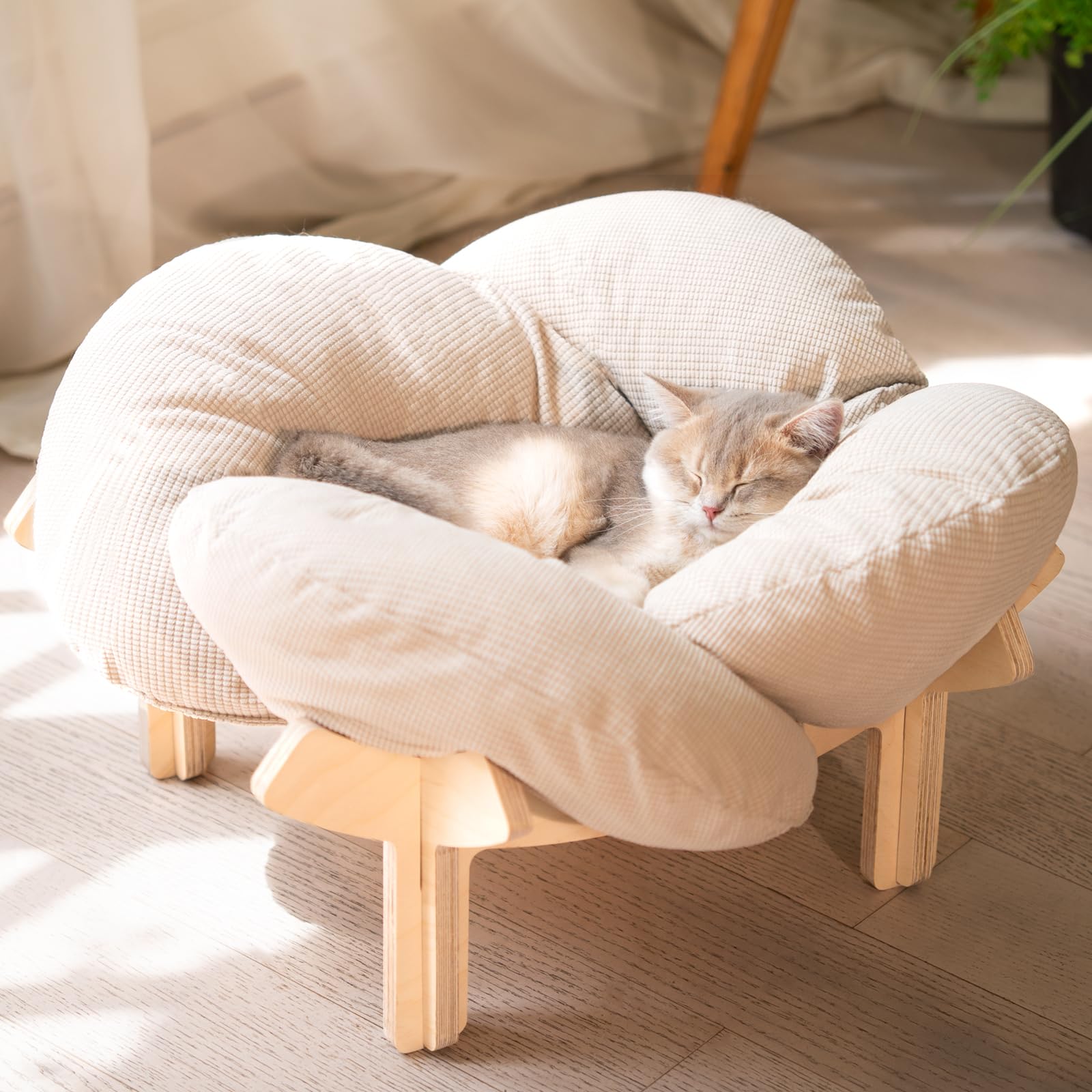 Pet elevated cat bed wooden cushion fluffy pet sofa indoor cat elevated bed