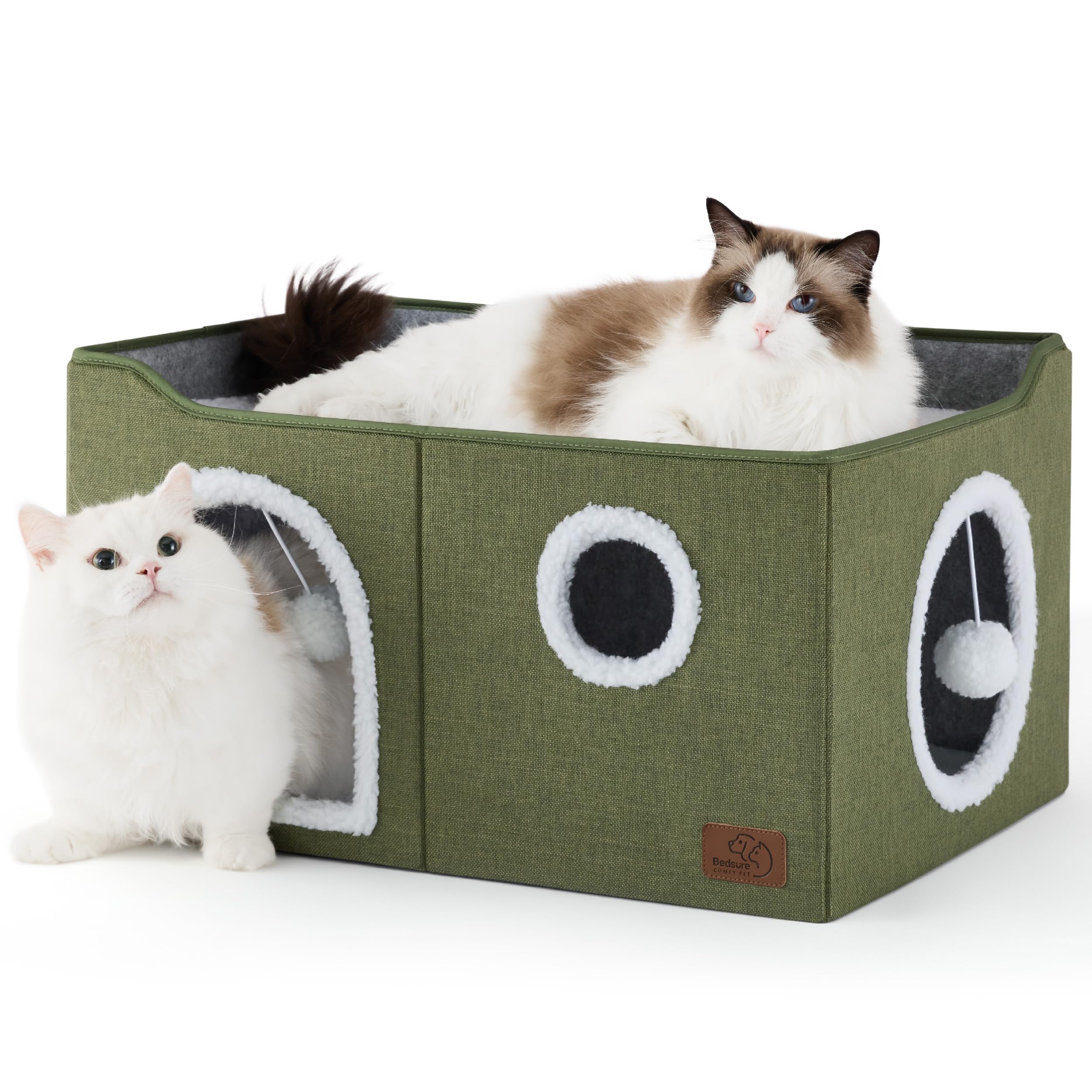 Cat house bed, suitable for indoor cats, equipped with fluffy balls and scratch pads, gray | 16.5x16.5x13 inches