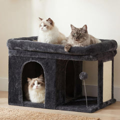 Cat tree, 14 inch cat tower, with large bed and indoor cat, large adult cat apartment, cat house, with scratching post and interactive spring ball, smoked gray