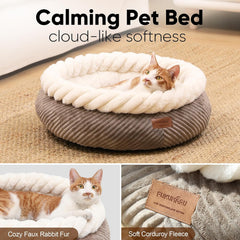 Cat bed, soothing donut cat bed, plush faux fur and corduroy kitten bed