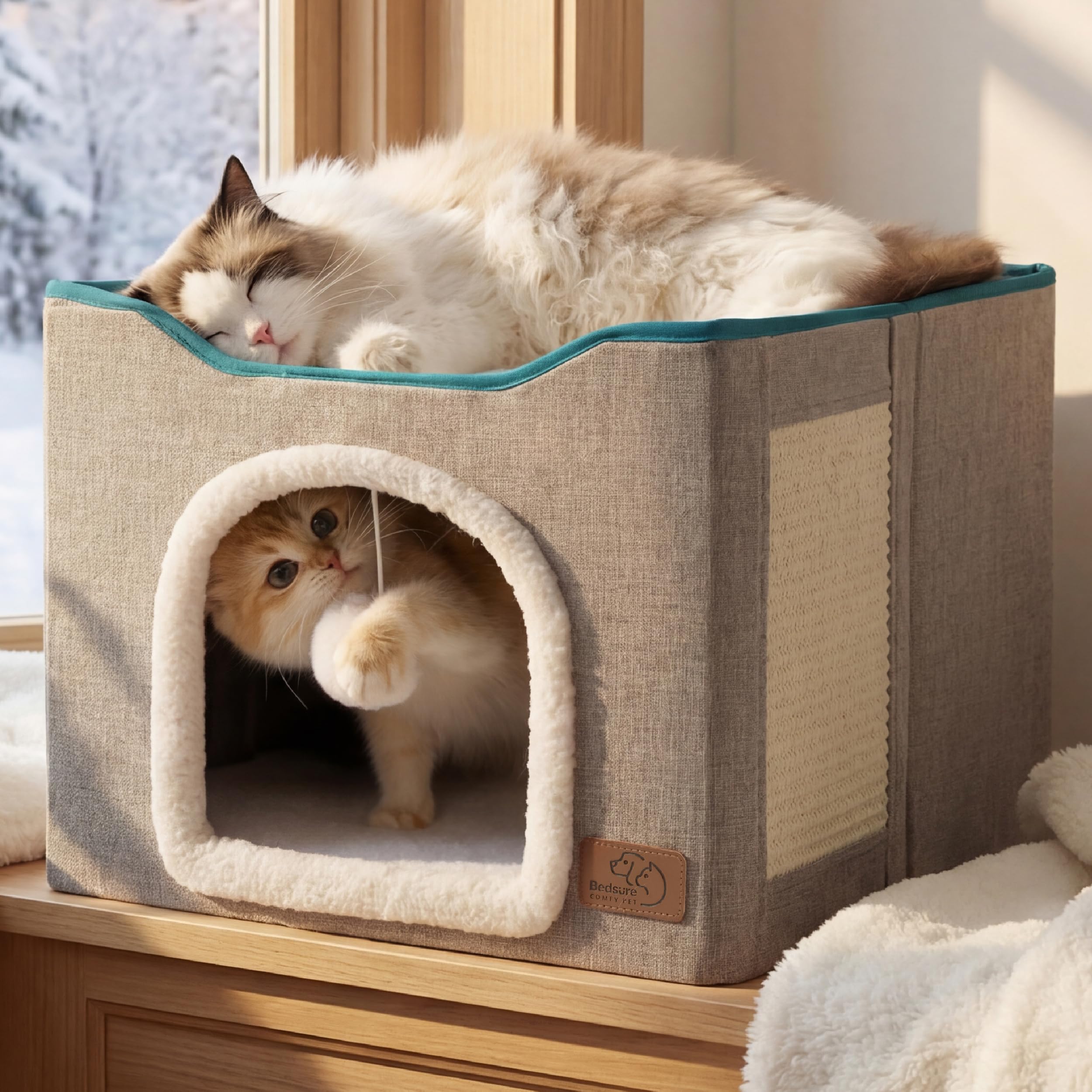 Cat house bed, suitable for indoor cats, equipped with fluffy balls and scratch pads, gray | 16.5x16.5x13 inches