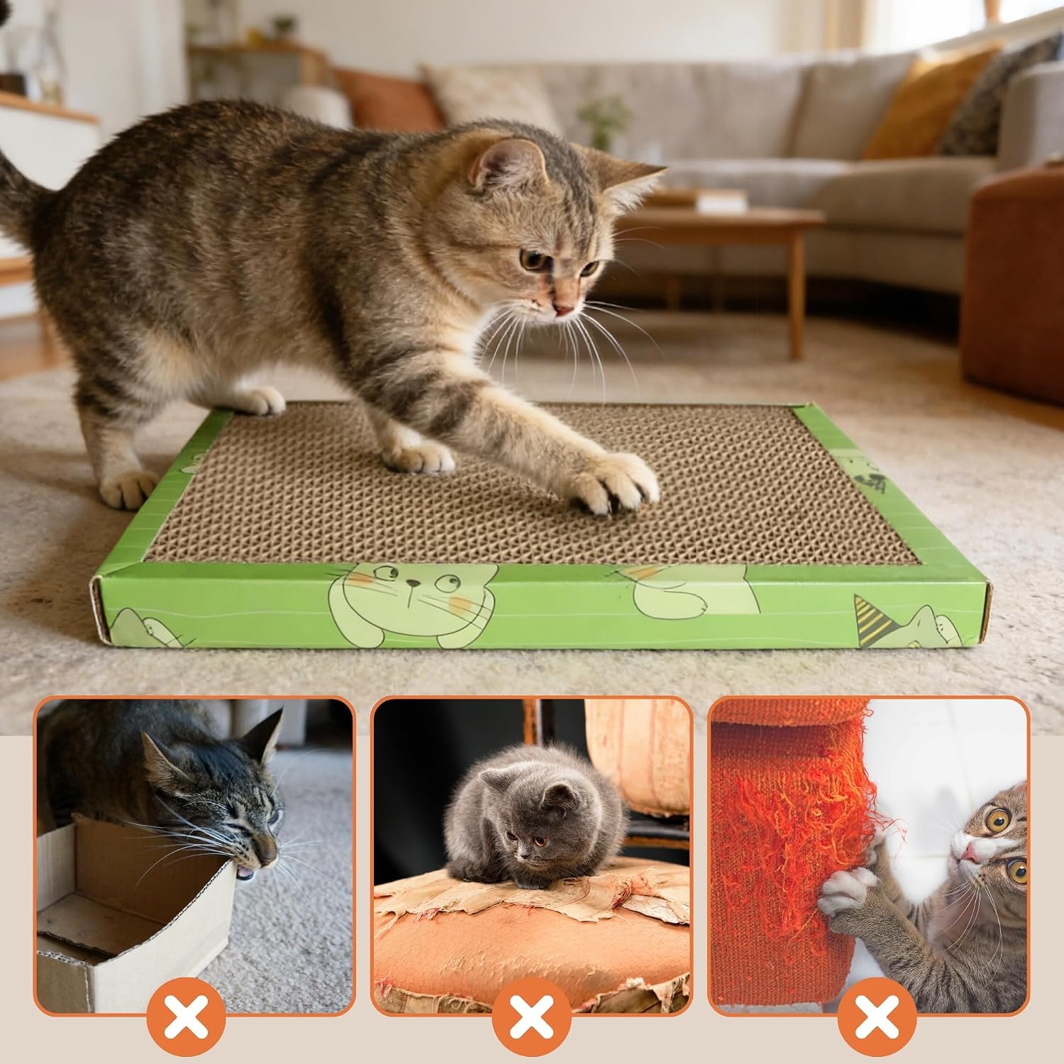 3-piece cardboard cat catcher with box, reversible slope grass catching mat