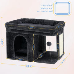 Cat tree, 14 inch cat tower, with large bed and indoor cat, large adult cat apartment, cat house, with scratching post and interactive spring ball, smoked gray