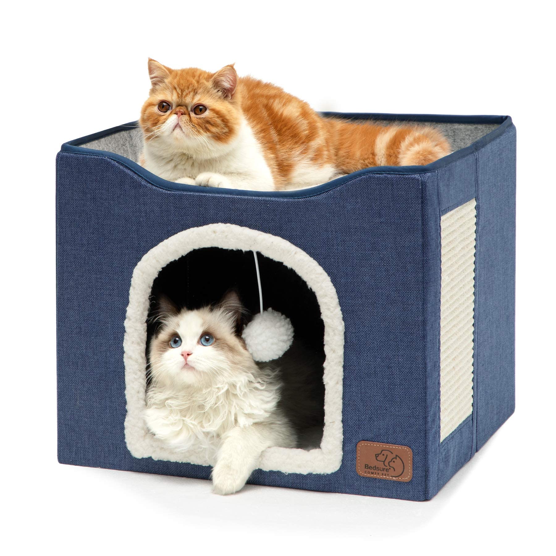 Cat house bed, suitable for indoor cats, equipped with fluffy balls and scratch pads, gray | 16.5x16.5x13 inches