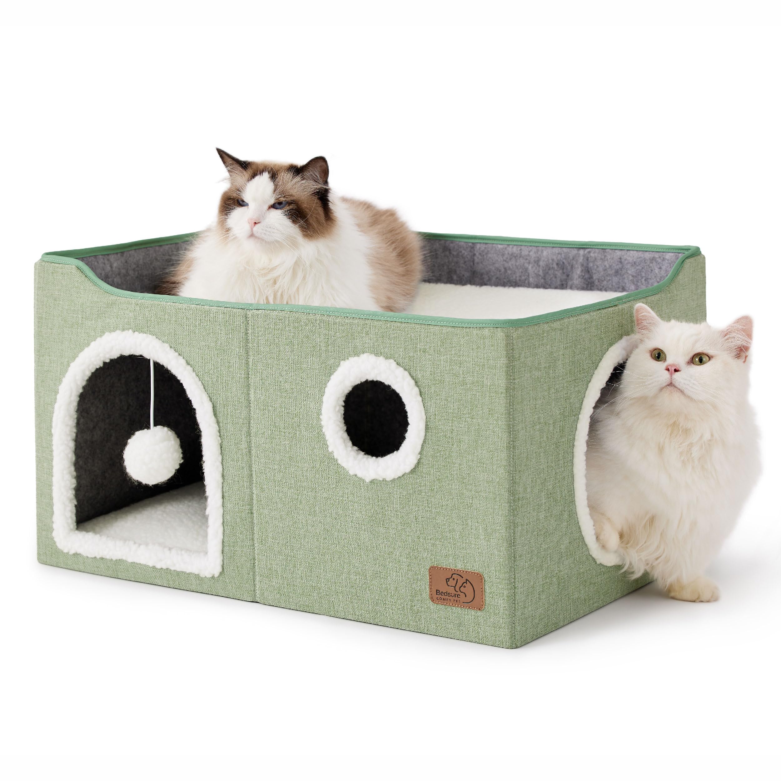 Cat house bed, suitable for indoor cats, equipped with fluffy balls and scratch pads, gray | 16.5x16.5x13 inches