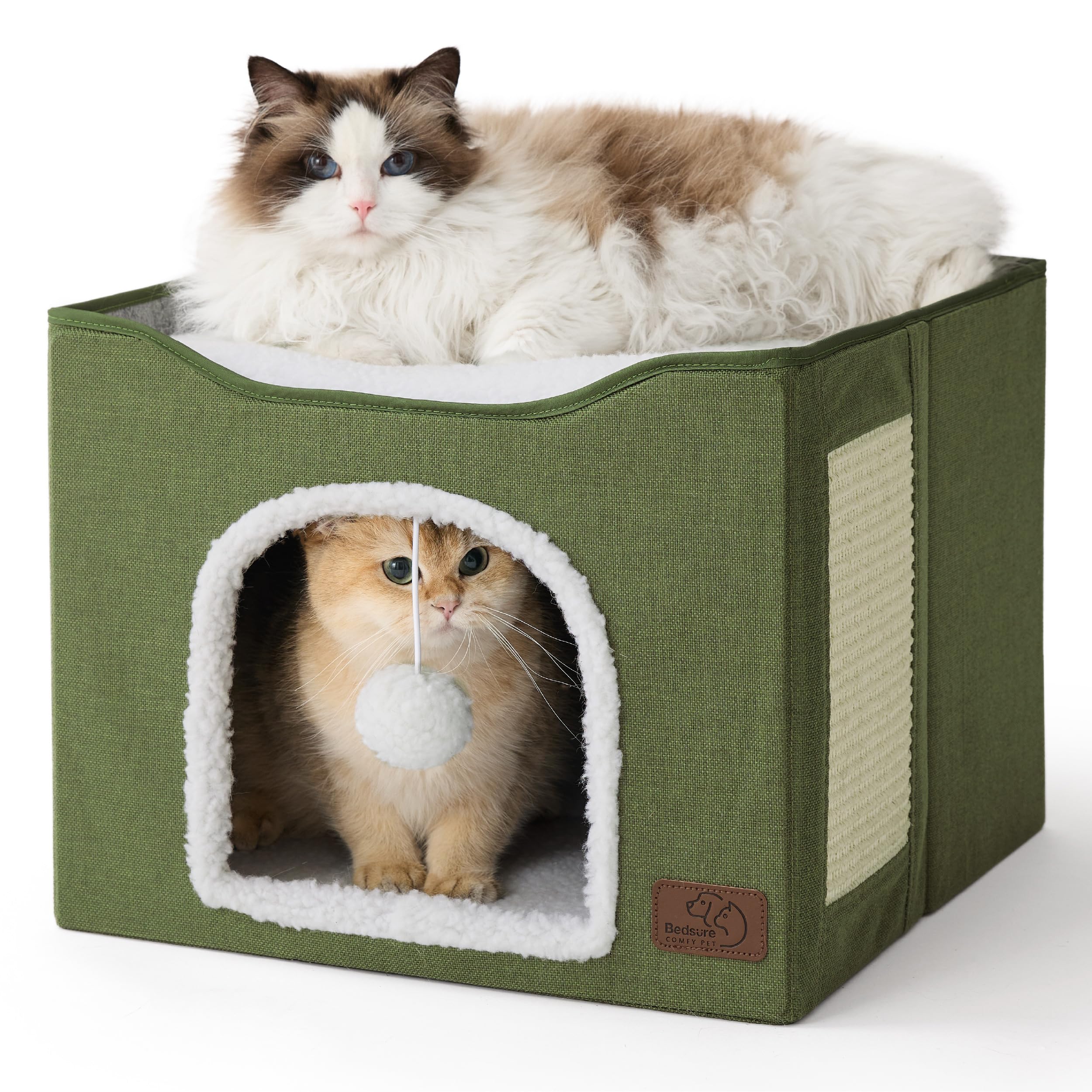 Cat house bed, suitable for indoor cats, equipped with fluffy balls and scratch pads, gray | 16.5x16.5x13 inches