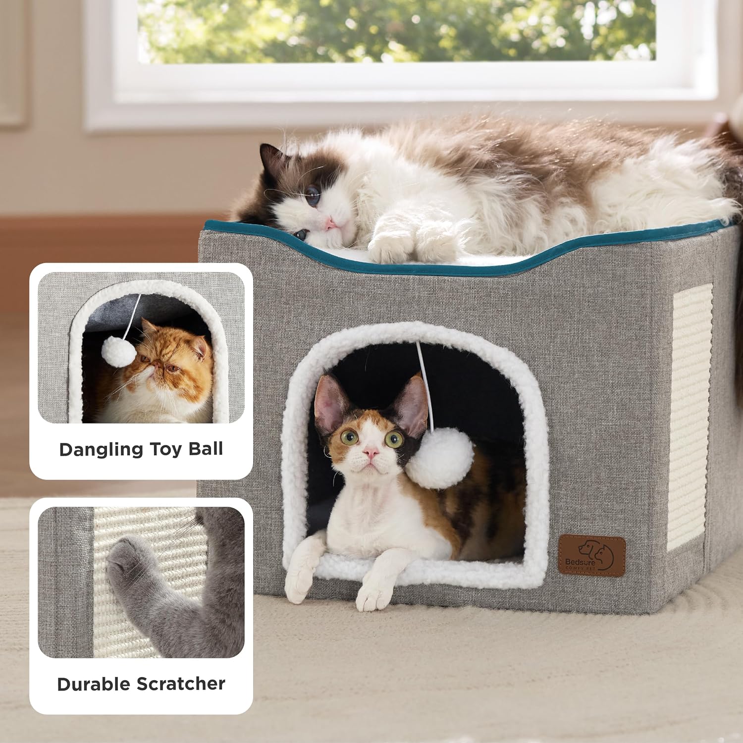 Cat house bed, suitable for indoor cats, equipped with fluffy balls and scratch pads, gray | 16.5x16.5x13 inches