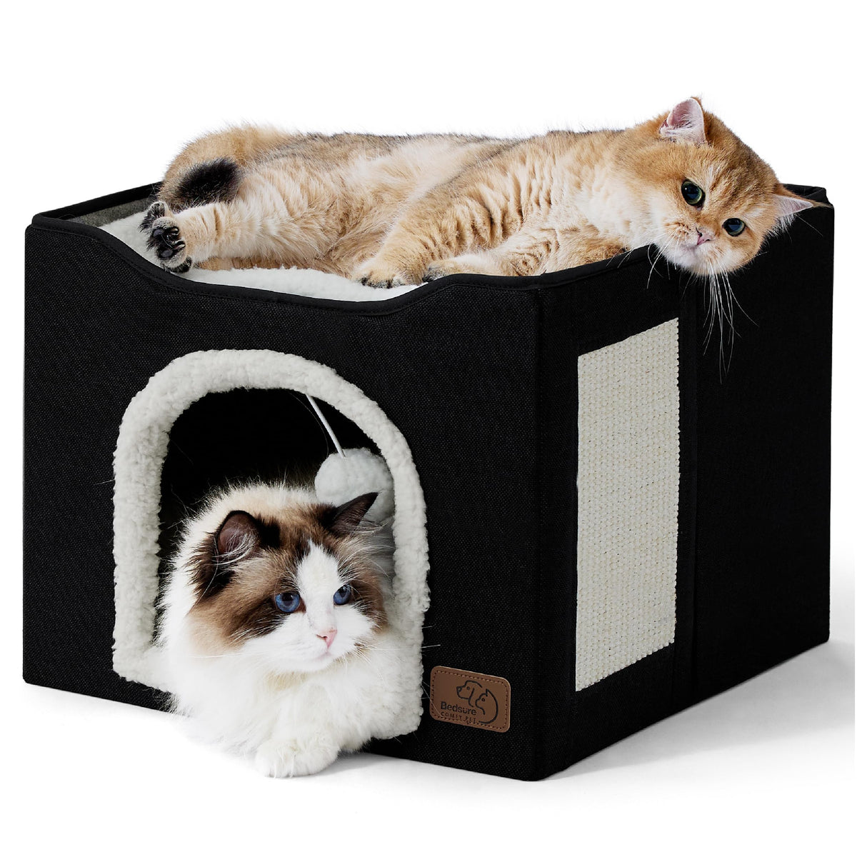 Cat house bed, suitable for indoor cats, equipped with fluffy balls and scratch pads, gray | 16.5x16.5x13 inches