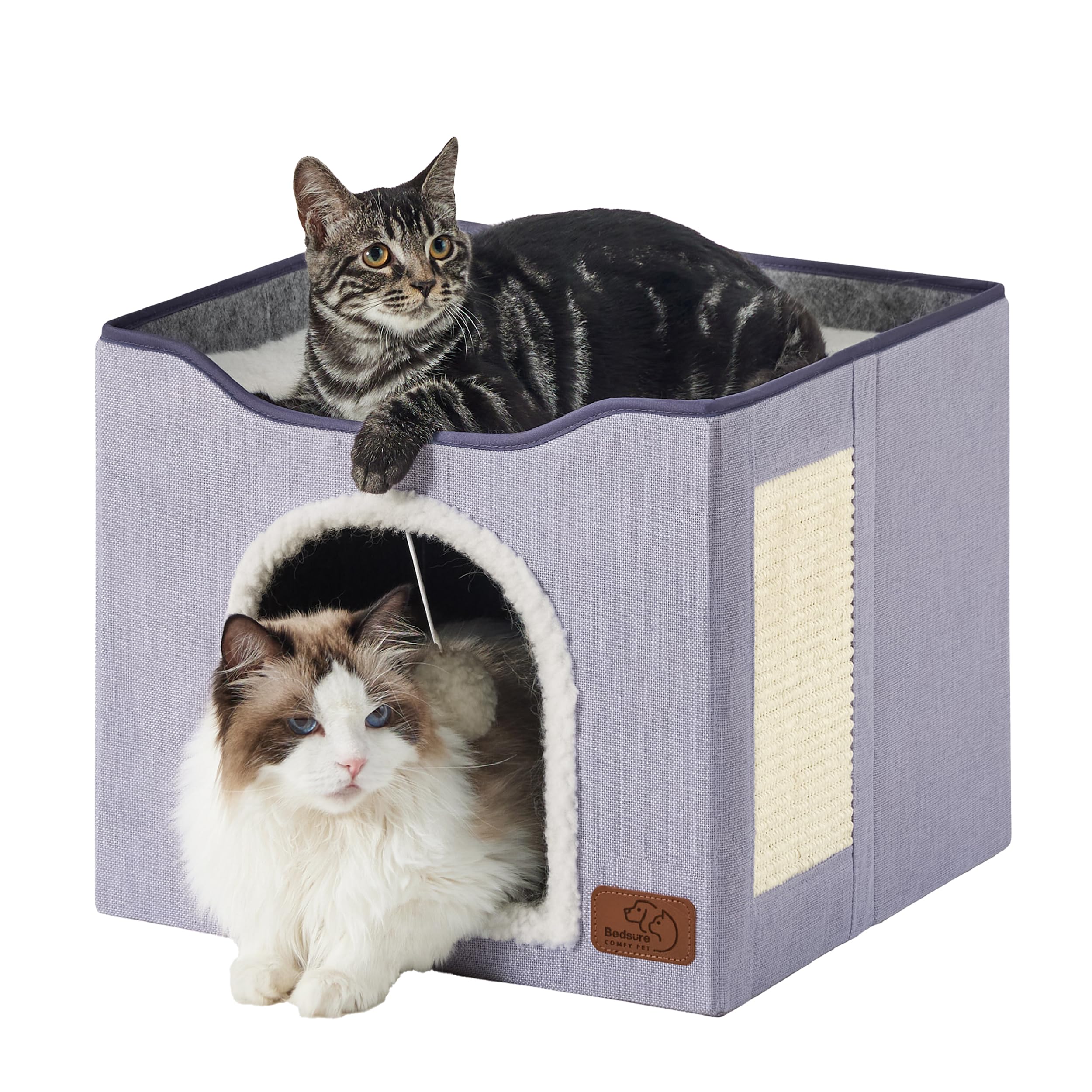 Cat house bed, suitable for indoor cats, equipped with fluffy balls and scratch pads, gray | 16.5x16.5x13 inches
