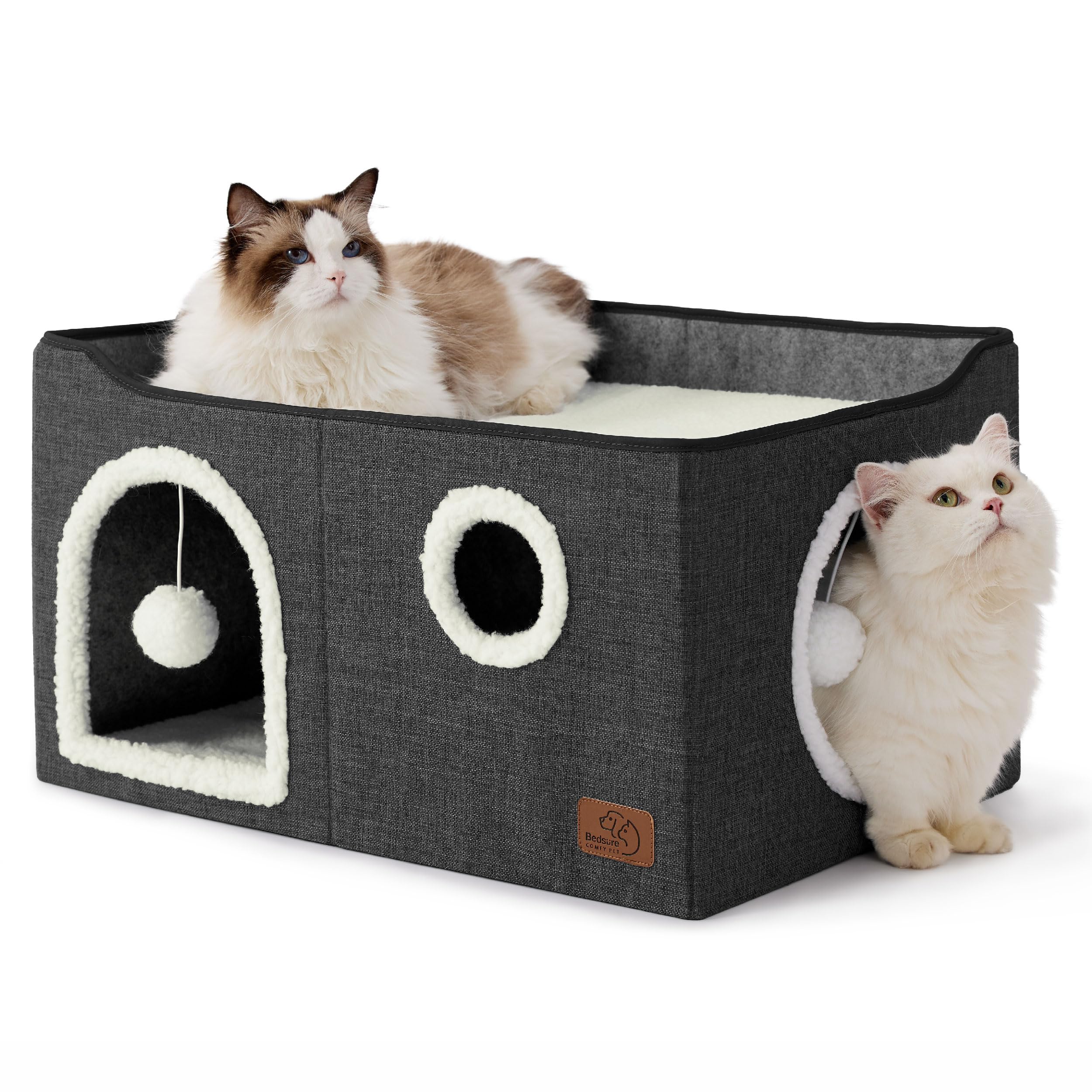 Cat house bed, suitable for indoor cats, equipped with fluffy balls and scratch pads, gray | 16.5x16.5x13 inches