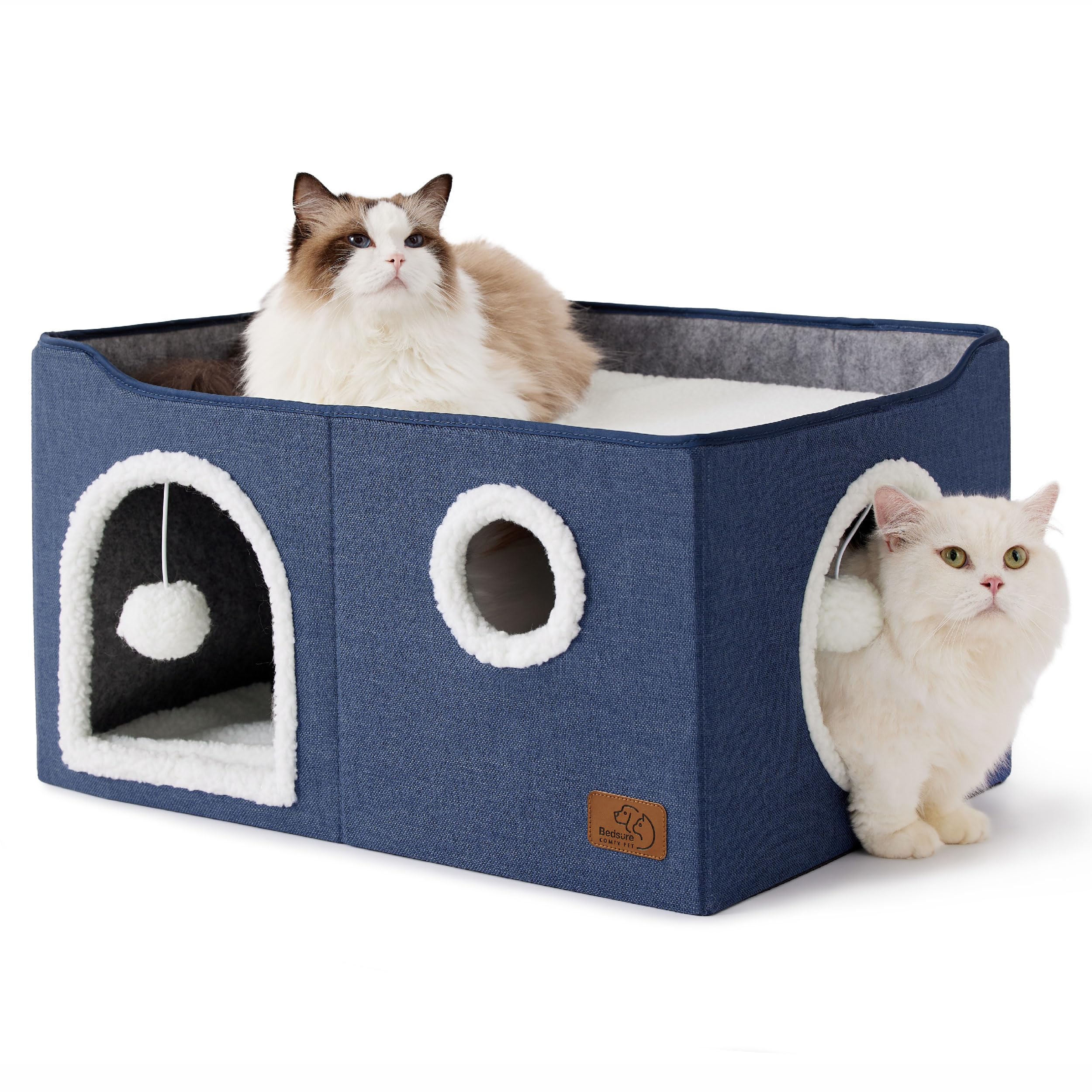 Cat house bed, suitable for indoor cats, equipped with fluffy balls and scratch pads, gray | 16.5x16.5x13 inches