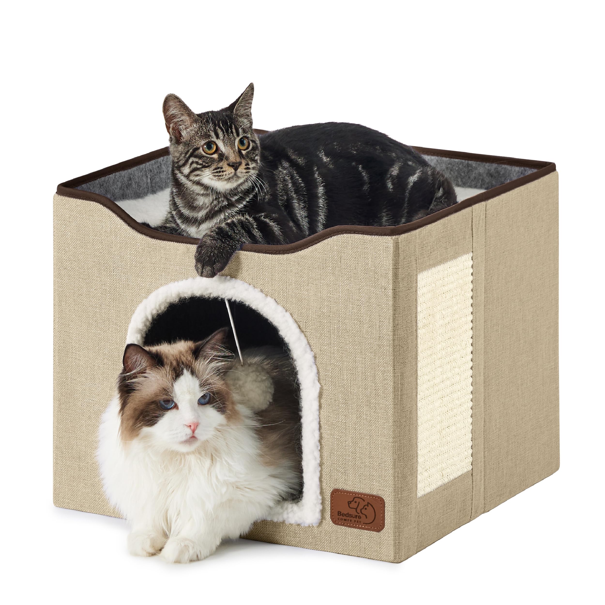 Cat house bed, suitable for indoor cats, equipped with fluffy balls and scratch pads, gray | 16.5x16.5x13 inches