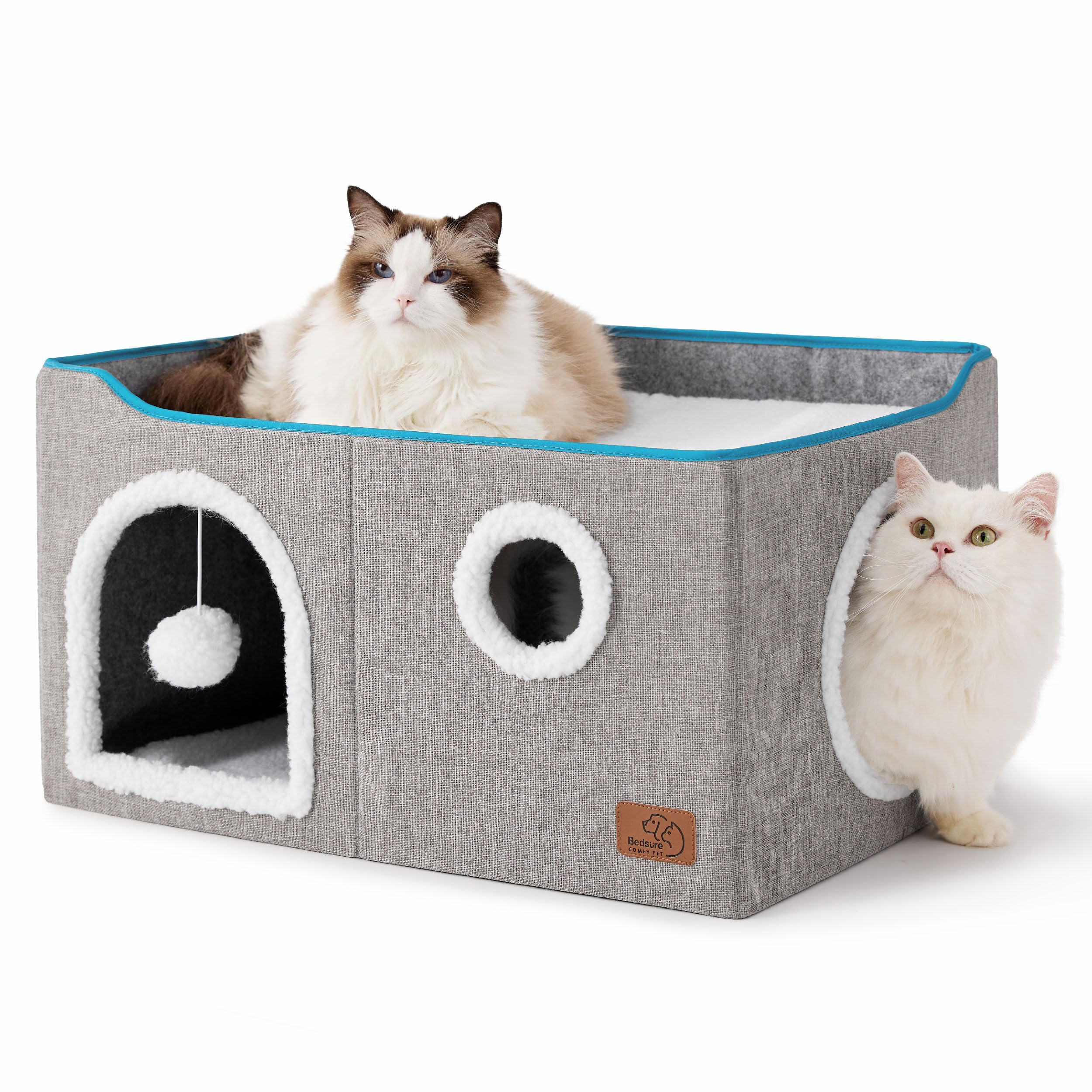 Cat house bed, suitable for indoor cats, equipped with fluffy balls and scratch pads, gray | 16.5x16.5x13 inches