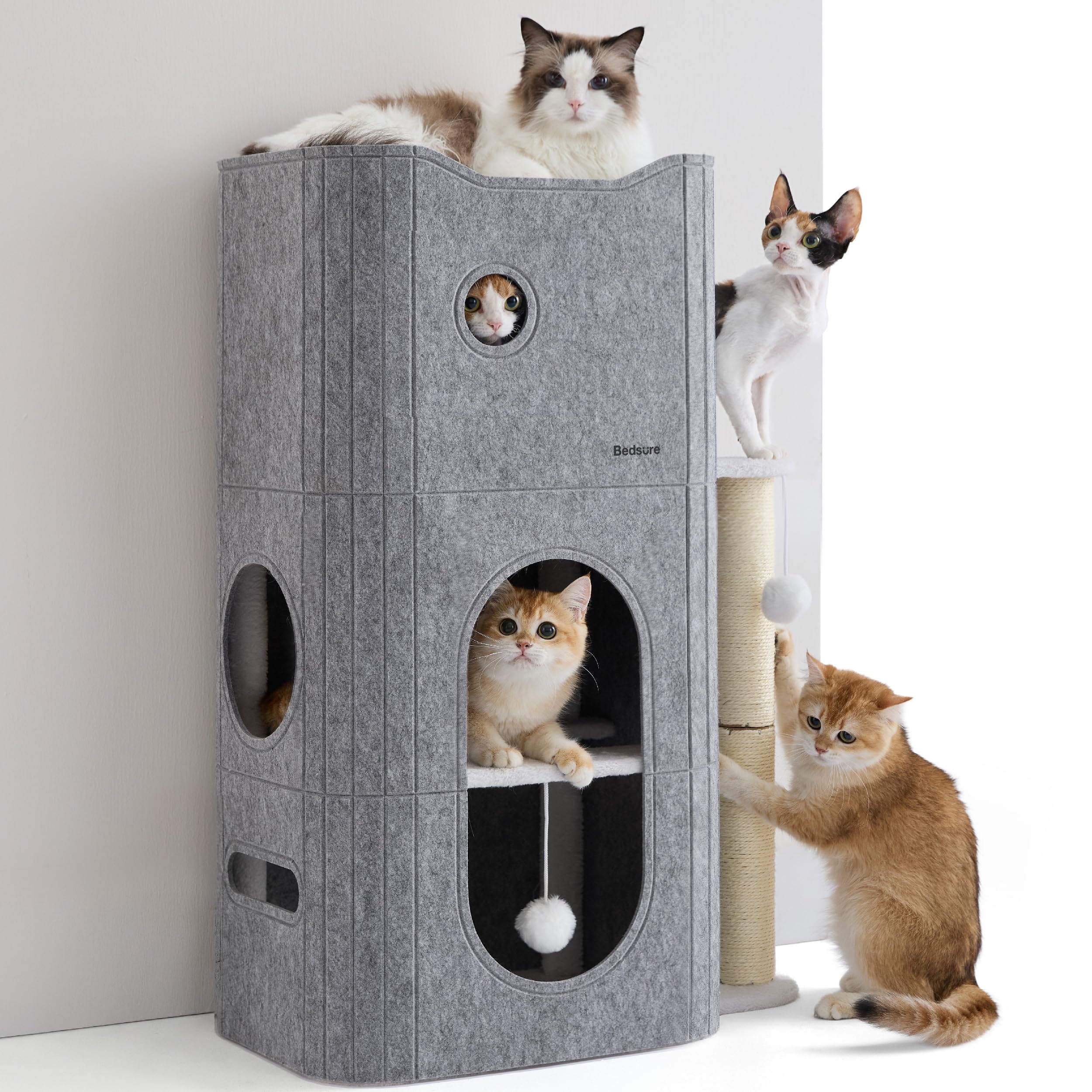 Cat house bed, suitable for indoor cats, equipped with fluffy balls and scratch pads, gray | 16.5x16.5x13 inches