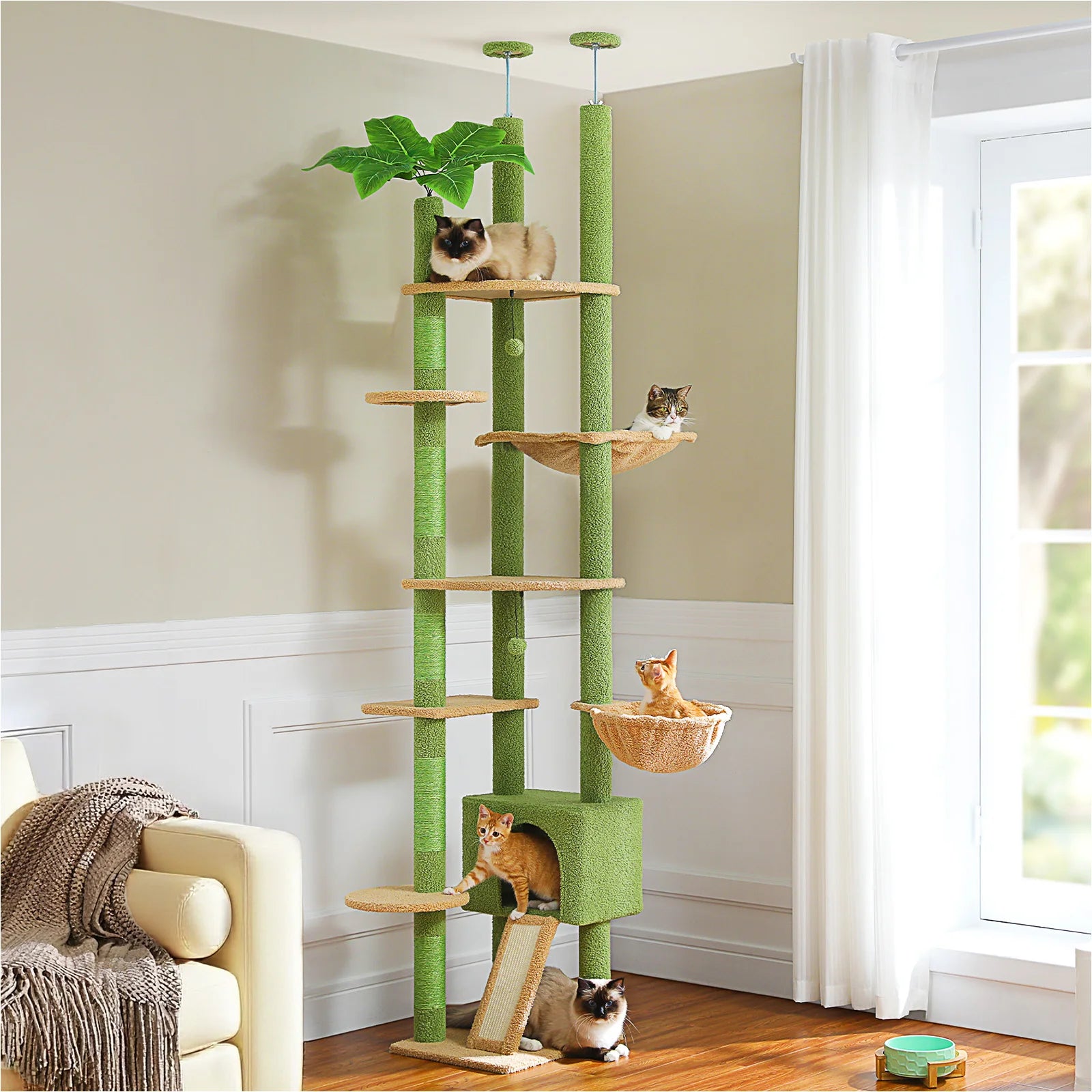 Height Adjustable Wooden Cat Tree with Large Hammock Sisal Scratching Posts Floor to Ceiling Cat Tower Cozy Cat Condo for Indoor