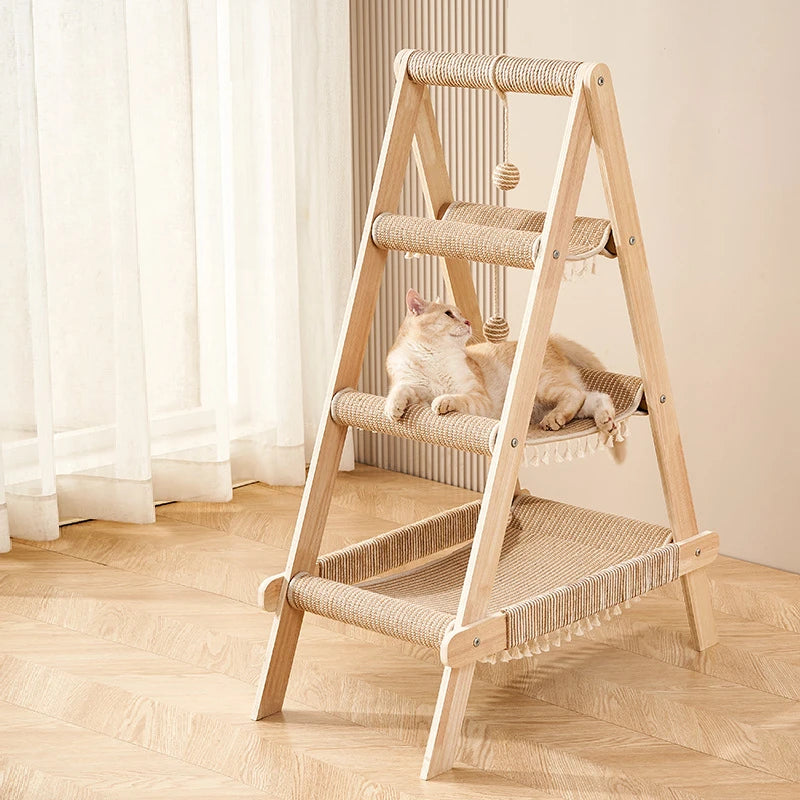 A tree house that can be used in all seasons, with a hammock and scratch column, a large cat tower, and durable cat furniture indoors