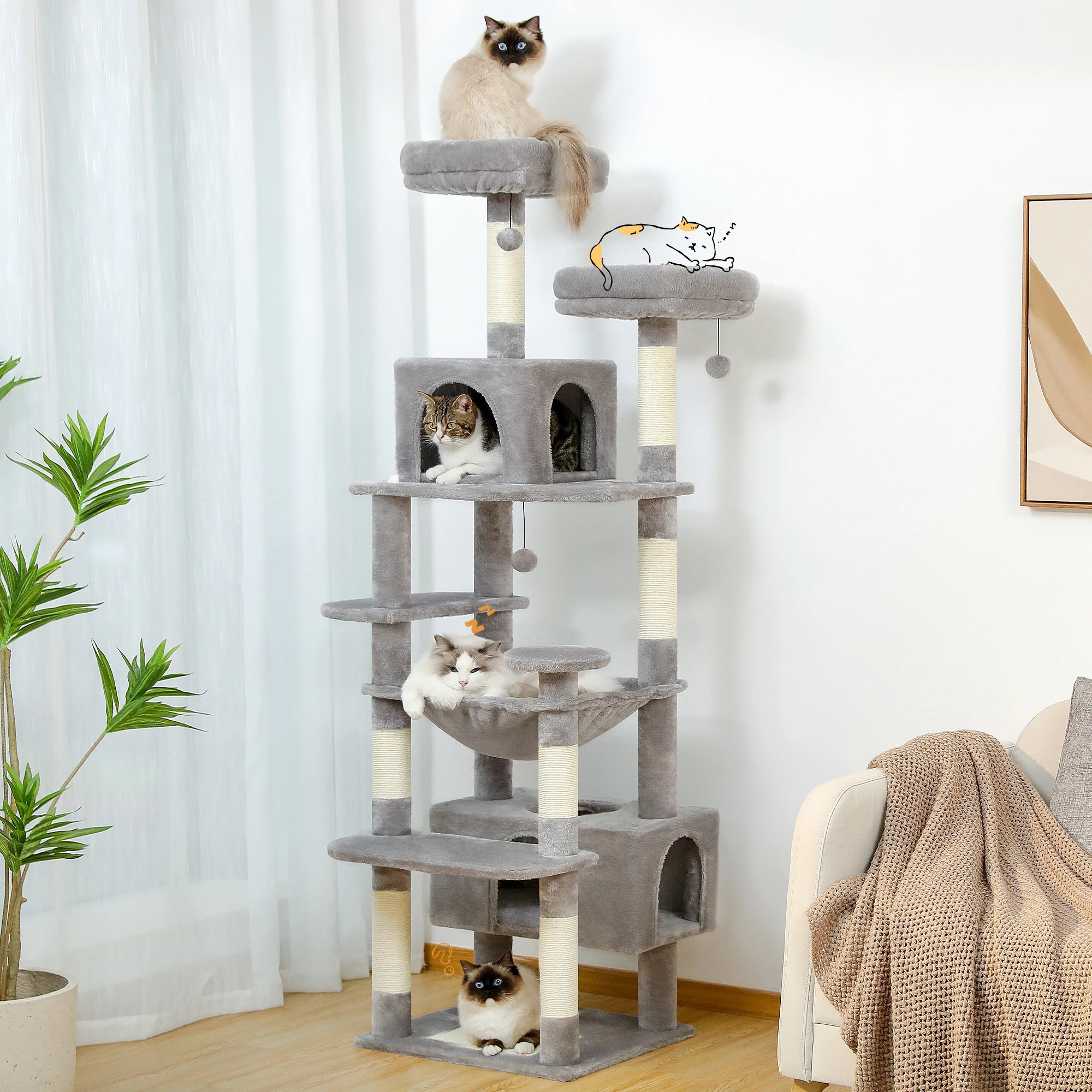 Cat tree and indoor cat tower, scratch column covered with sisal, spacious hammock cushion