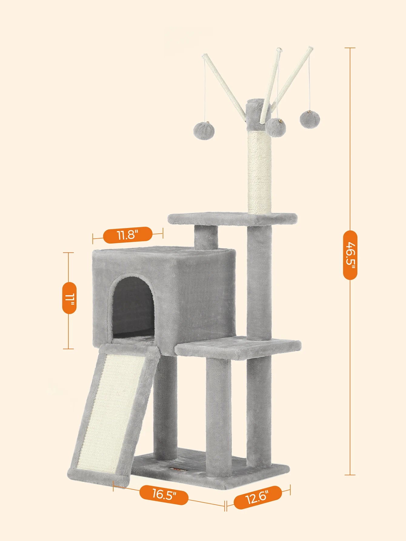 Cat Tree, 46.5-inch Cat Tower Indoor Cat, Kitten, Multi story Plush Cat Apartment, 16.5 X 12.6 X 46.5 inches