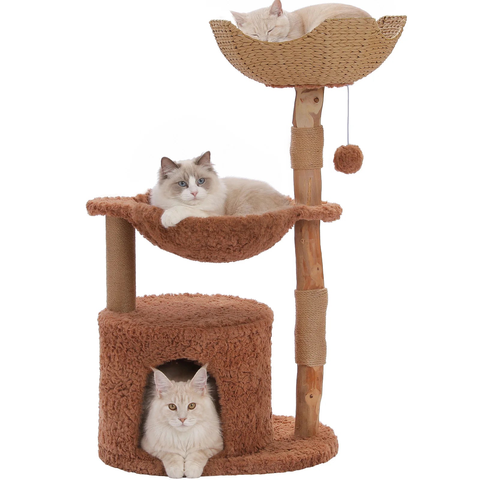 Modern cat tree with large wicker basket and natural solid wood grab rod