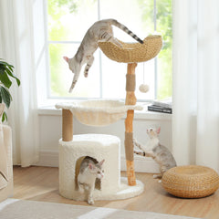 Modern cat tree with large wicker basket and natural solid wood grab rod