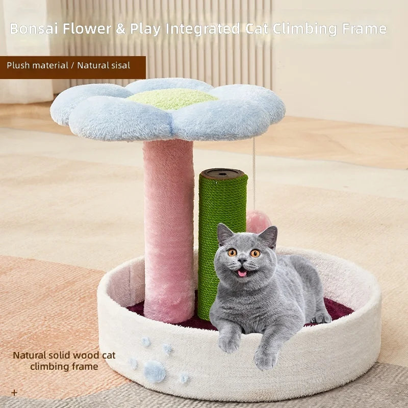 Cat Tree Small Space Saving, Cat Condo with Scratching Post, Flower Design Sisal Rope Climbing Frame for Kittens and Cats