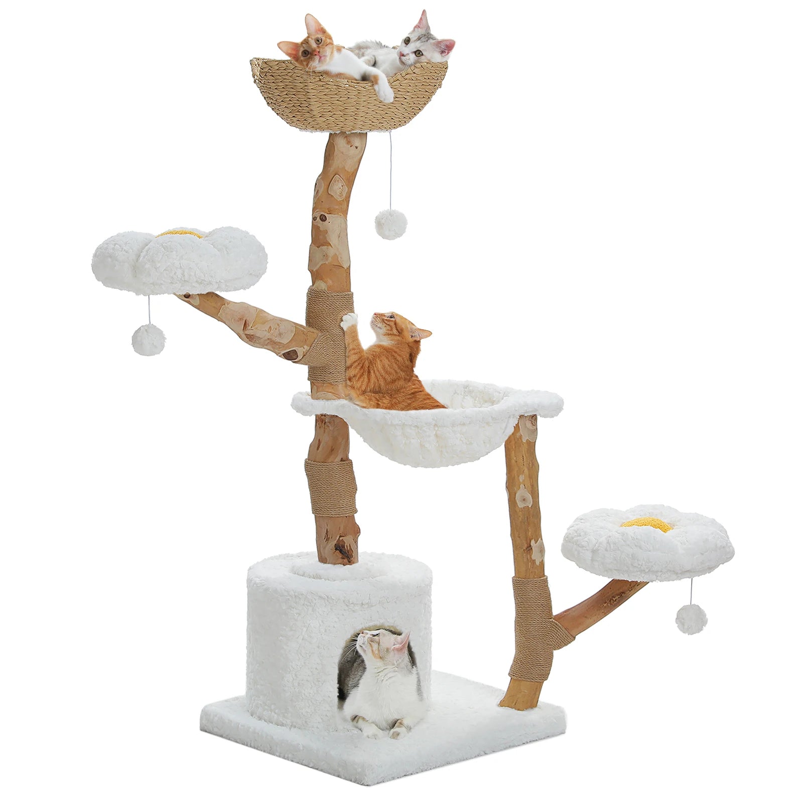 Large cat tree tower with sisal grabbing column, willow basket bed, flower cat apartment