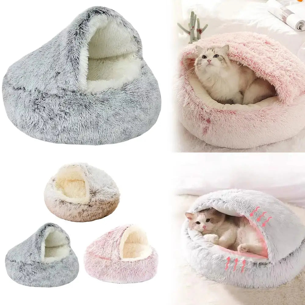 2-in-1 soft plush pet bed with lid, circular cat bed, pet mattress, warm cat bed