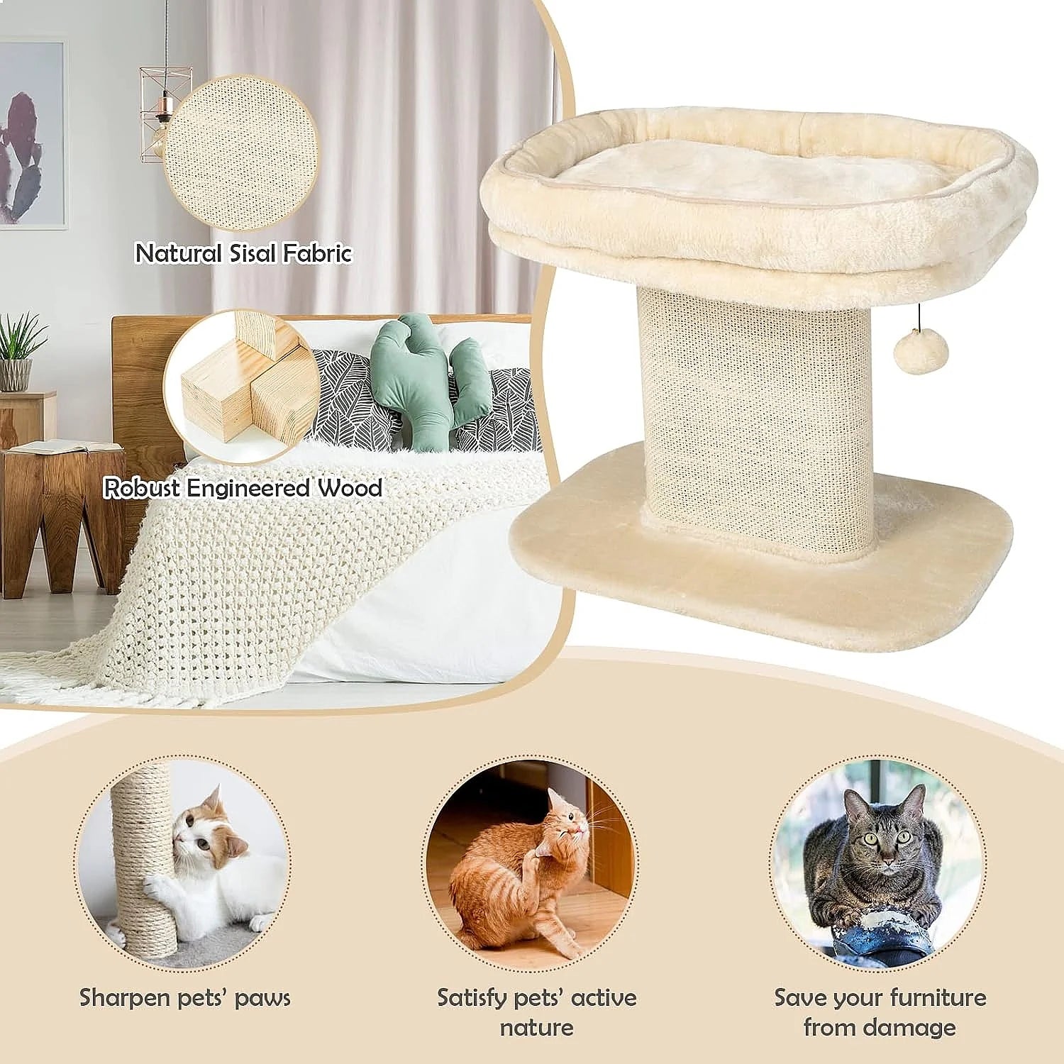 19.5-inch cat tree with 2 layers of minimalist style, paired with a sisal grab bar and comfortable bass, suitable for indoor cat beige