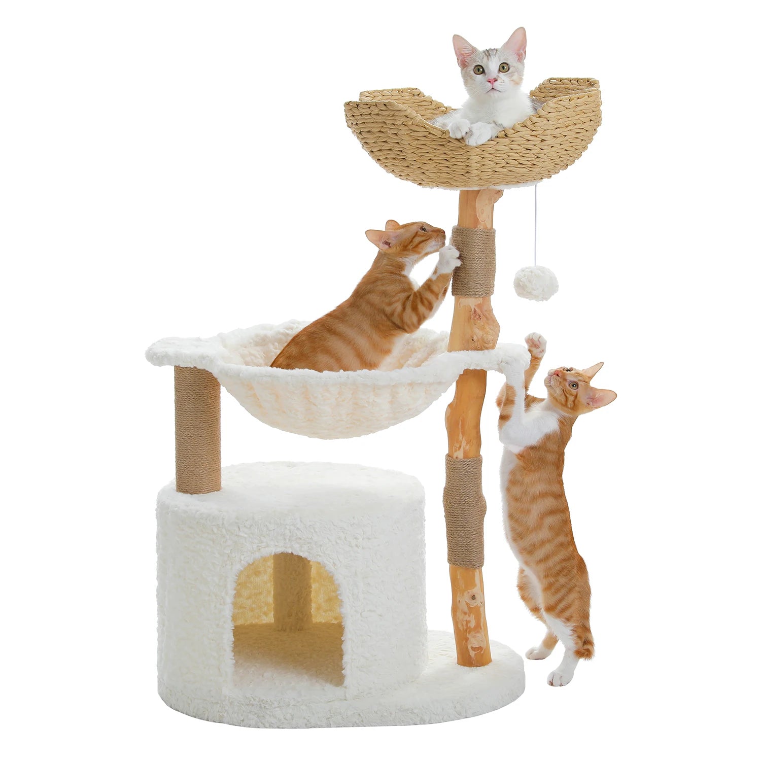Modern cat tree with large wicker basket and natural solid wood grab rod