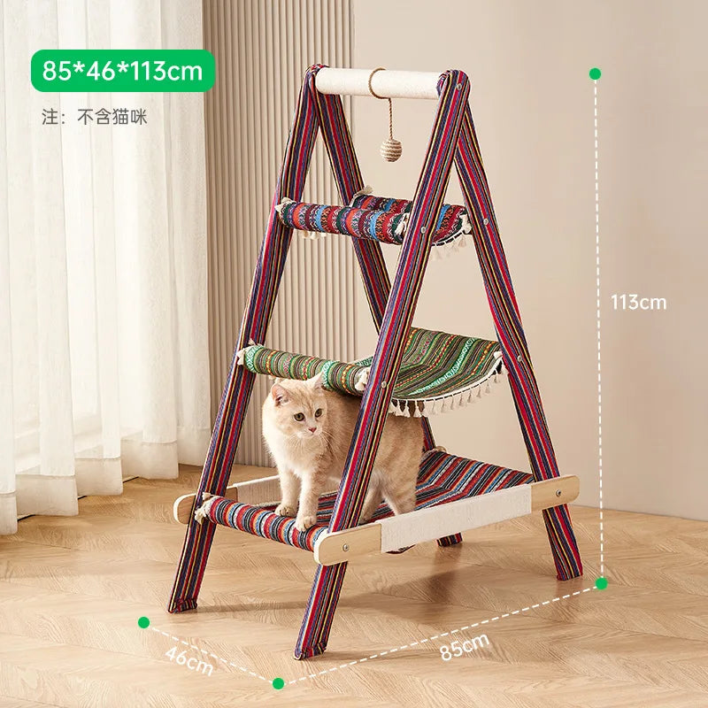 A tree house that can be used in all seasons, with a hammock and scratch column, a large cat tower, and durable cat furniture indoors